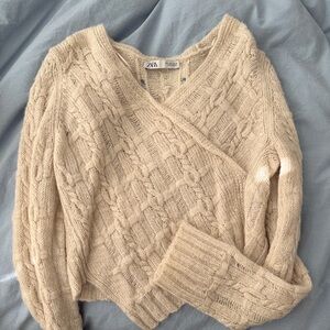 Zara Beige V-Neck Cable Knit Sweater